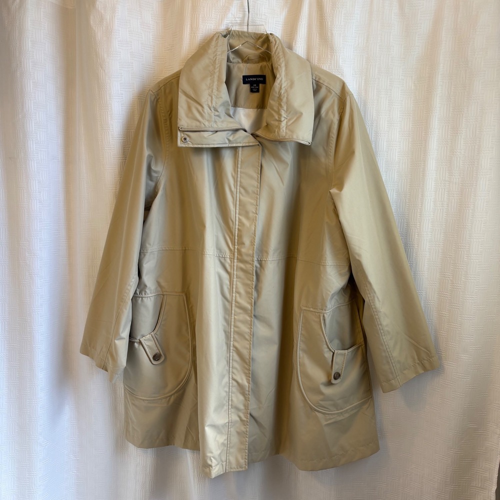 Lands' End Tan Beige Raincoat Jacket Funnel Neck Pleated Back‎ Womens 3X 24W-26W